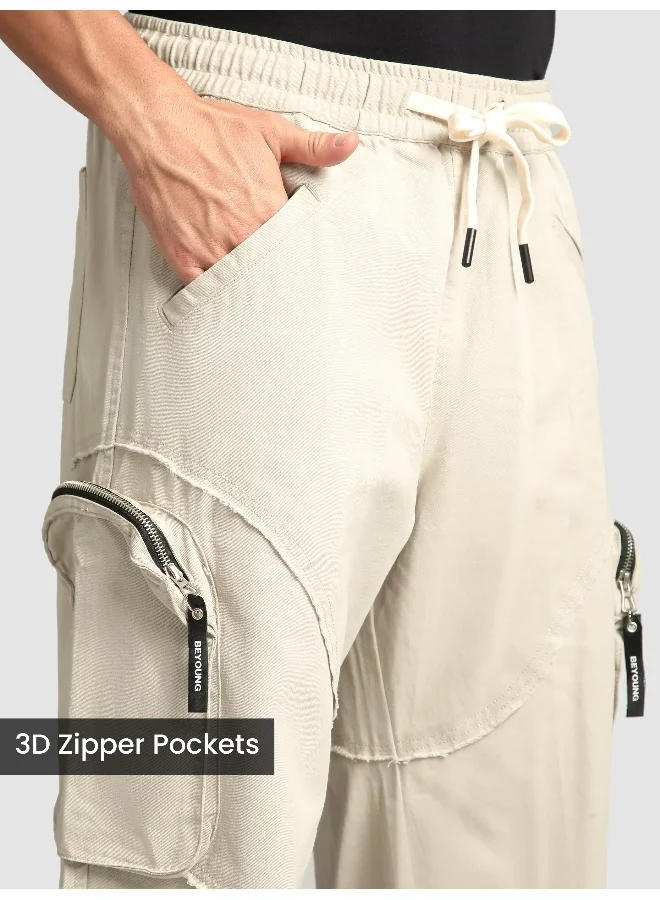 Beyoung Beige Raw Edge 3D Pocket Cargo Pants
