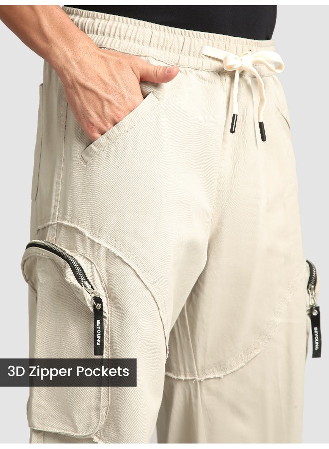 Beyoung Beige Raw Edge 3D Pocket Cargo Pants  - Image 3