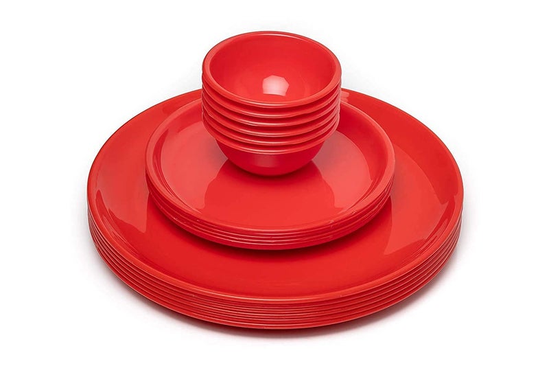 Everbuy Microwave Safe 24 pcs Round Dinner Set - Porcelain Look, Ultra Light, Break Resistant (8 Big Plate + 8 Quarter Plate + 8 Bowls), Cherry Red - Image 1