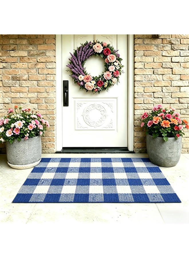 MUBIN Cotton Blue White Plaid Rug, 27.5''x 43'' Checked Outdoor Rug Front Door Decorative Mat, Hand-Woven Washable Reversible Foldable Rug for Front Porch, Entryway (43''L x 27.5''W, Blue White Plaid) - Image 4
