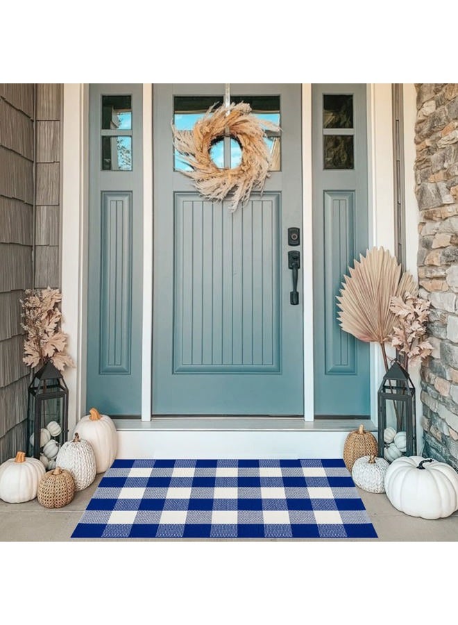 MUBIN Cotton Blue White Plaid Rug, 27.5''x 43'' Checked Outdoor Rug Front Door Decorative Mat, Hand-Woven Washable Reversible Foldable Rug for Front Porch, Entryway (43''L x 27.5''W, Blue White Plaid) - Image 2