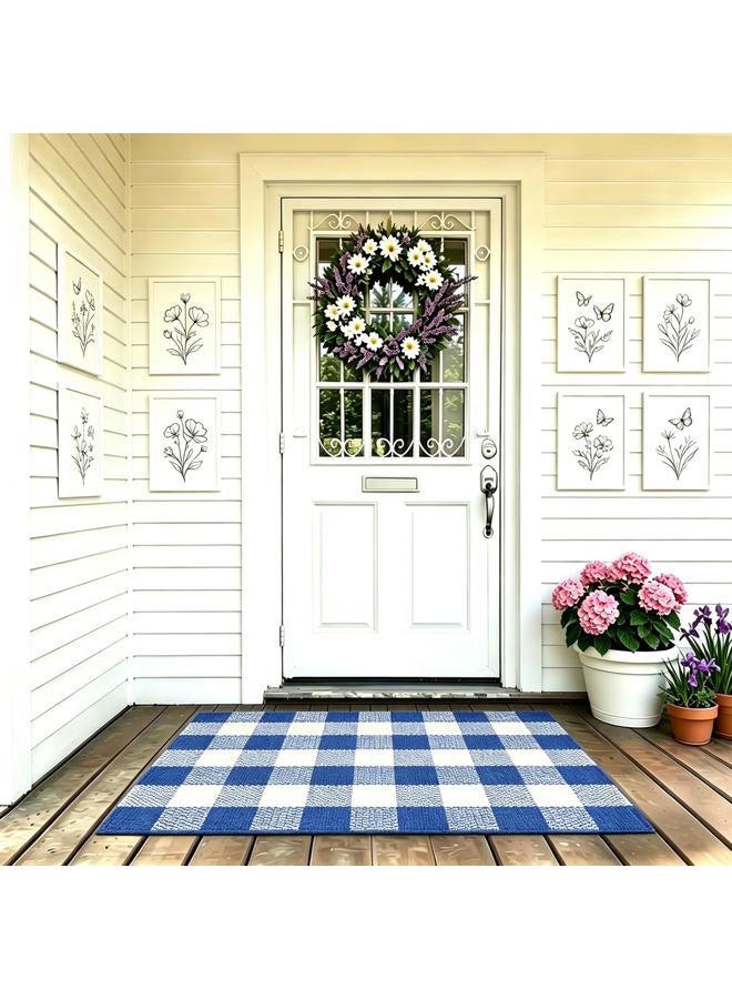 MUBIN Cotton Blue White Plaid Rug, 27.5''x 43'' Checked Outdoor Rug Front Door Decorative Mat, Hand-Woven Washable Reversible Foldable Rug for Front Porch, Entryway (43''L x 27.5''W, Blue White Plaid) - Image 1
