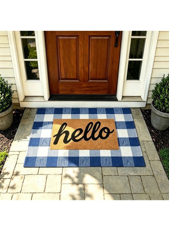 MUBIN Cotton Blue White Plaid Rug, 27.5''x 43'' Checked Outdoor Rug Front Door Decorative Mat, Hand-Woven Washable Reversible Foldable Rug for Front Porch, Entryway (43''L x 27.5''W, Blue White Plaid) - Image 3