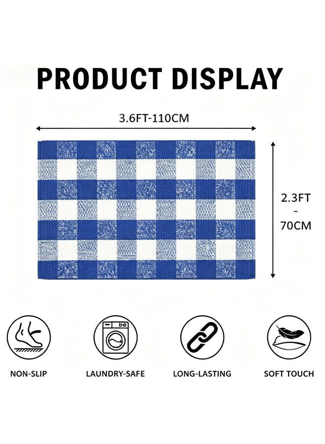 MUBIN Cotton Blue White Plaid Rug, 27.5''x 43'' Checked Outdoor Rug Front Door Decorative Mat, Hand-Woven Washable Reversible Foldable Rug for Front Porch, Entryway (43''L x 27.5''W, Blue White Plaid) - Image 5