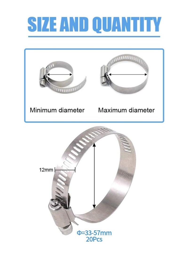 Generic 20 Pieces 304 Stainless Steel Adjustable 33-57mm Range Worm Gear Hose Clamp Combo Kit, Fuel Pipe Clamps for Water Pipe, Pipeline, Automotive and Mechanical Applications (33-57mm) - Image 2