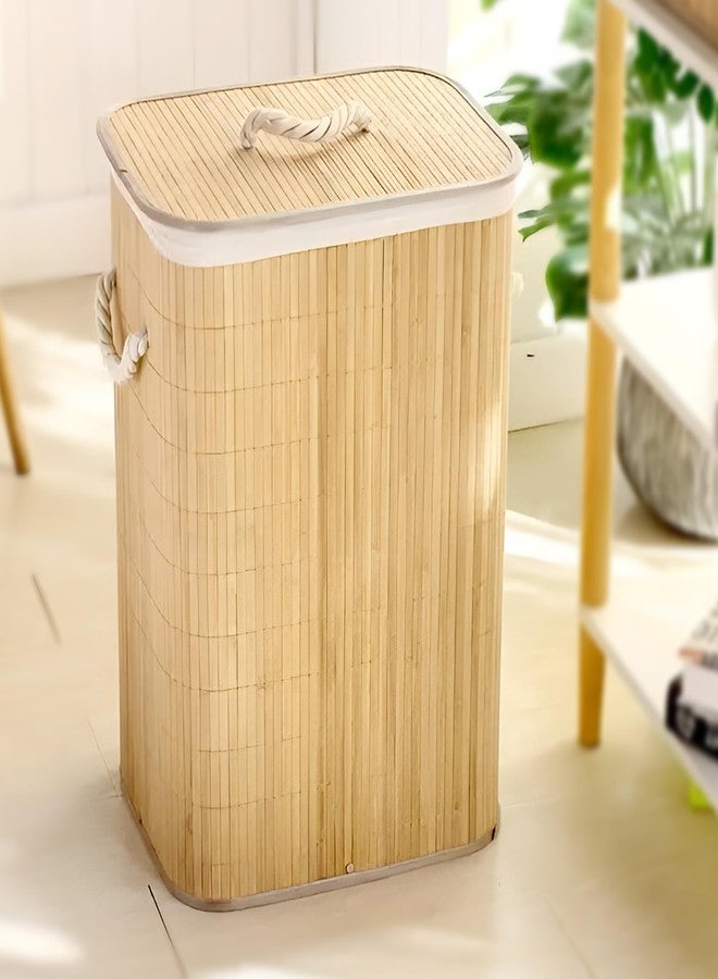 iBELL Foldable 67Litre Square Bamboo Laundry Basket with Lid | Sustainable & Eco-Friendly |Solid Laundry Basket | 35L x 35W x 55H CM| Easy to Carry (1 Pc, Wood Finish) IBL 60-AS - Image 1