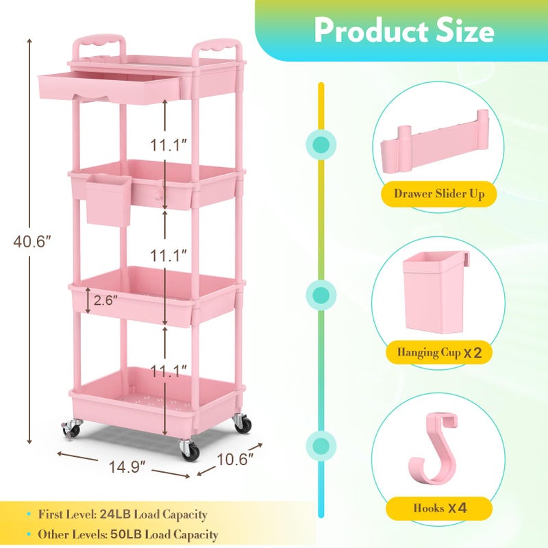 SUNALLY Makeup Cart Organizer with Drawers, 4 Tier Floor Skincare Organizers for Vanity, Rolling Makeup Bathroom Storage Cart Cosmetics Display Cases for Skin Care Perfume Nail Polish, Pink - Image 2