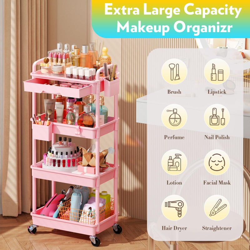 SUNALLY Makeup Cart Organizer with Drawers, 4 Tier Floor Skincare Organizers for Vanity, Rolling Makeup Bathroom Storage Cart Cosmetics Display Cases for Skin Care Perfume Nail Polish, Pink - Image 4