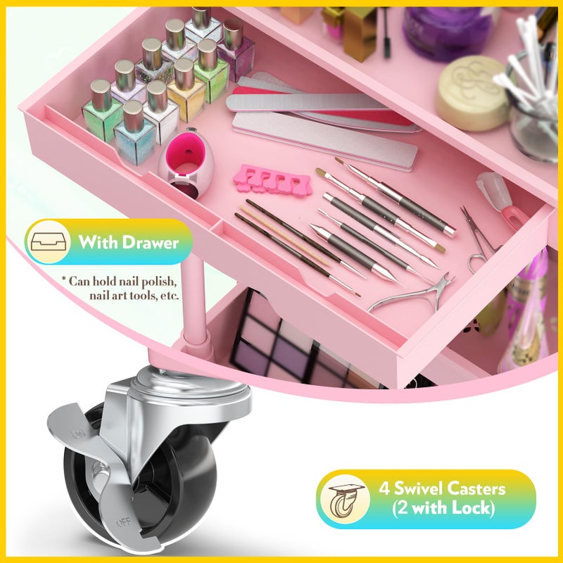SUNALLY Makeup Cart Organizer with Drawers, 4 Tier Floor Skincare Organizers for Vanity, Rolling Makeup Bathroom Storage Cart Cosmetics Display Cases for Skin Care Perfume Nail Polish, Pink - Image 3