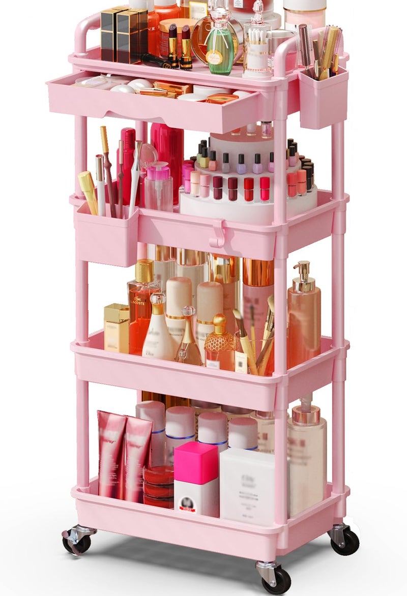 SUNALLY Makeup Cart Organizer with Drawers, 4 Tier Floor Skincare Organizers for Vanity, Rolling Makeup Bathroom Storage Cart Cosmetics Display Cases for Skin Care Perfume Nail Polish, Pink - Image 1