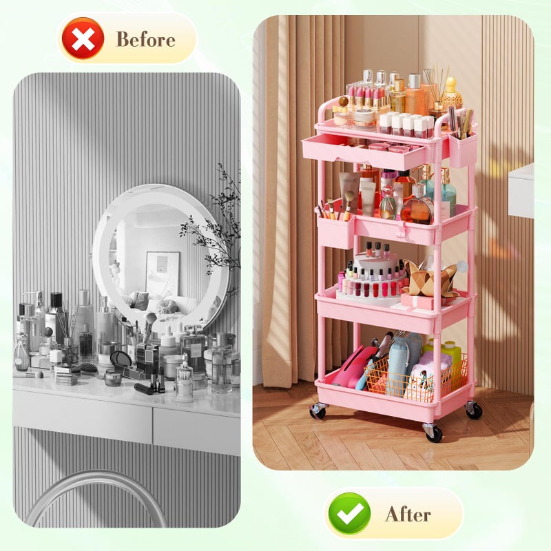 SUNALLY Makeup Cart Organizer with Drawers, 4 Tier Floor Skincare Organizers for Vanity, Rolling Makeup Bathroom Storage Cart Cosmetics Display Cases for Skin Care Perfume Nail Polish, Pink - Image 5