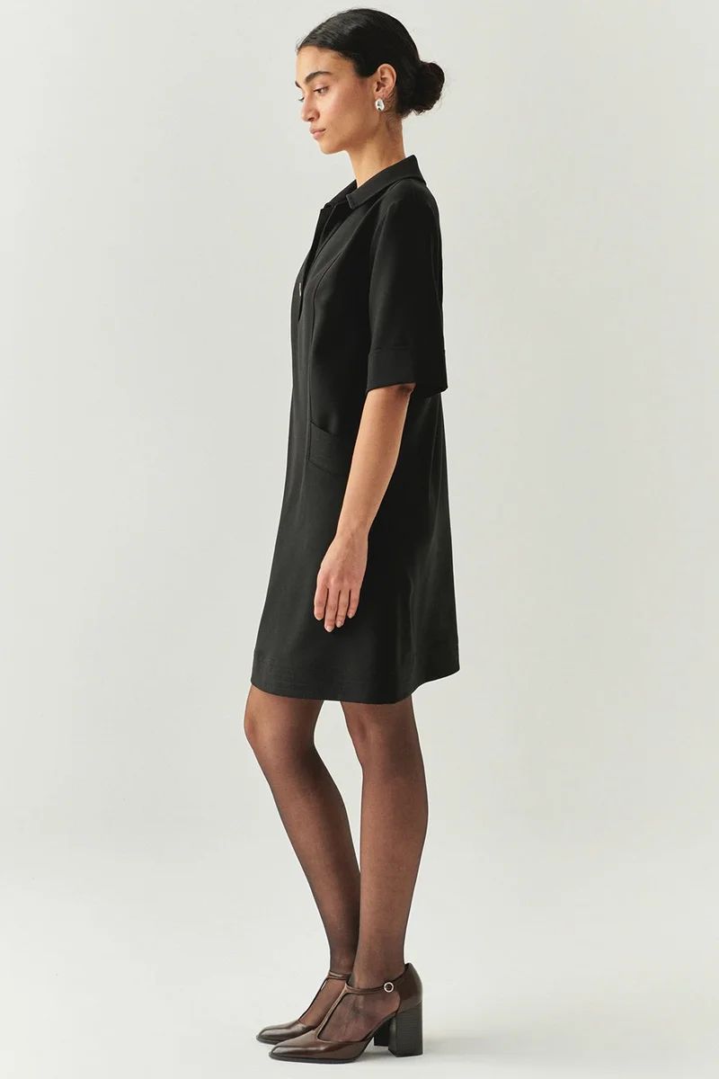 EXQUISE Shirt Collar Short Sleeve Oversize Pocketed Black Mini Dress