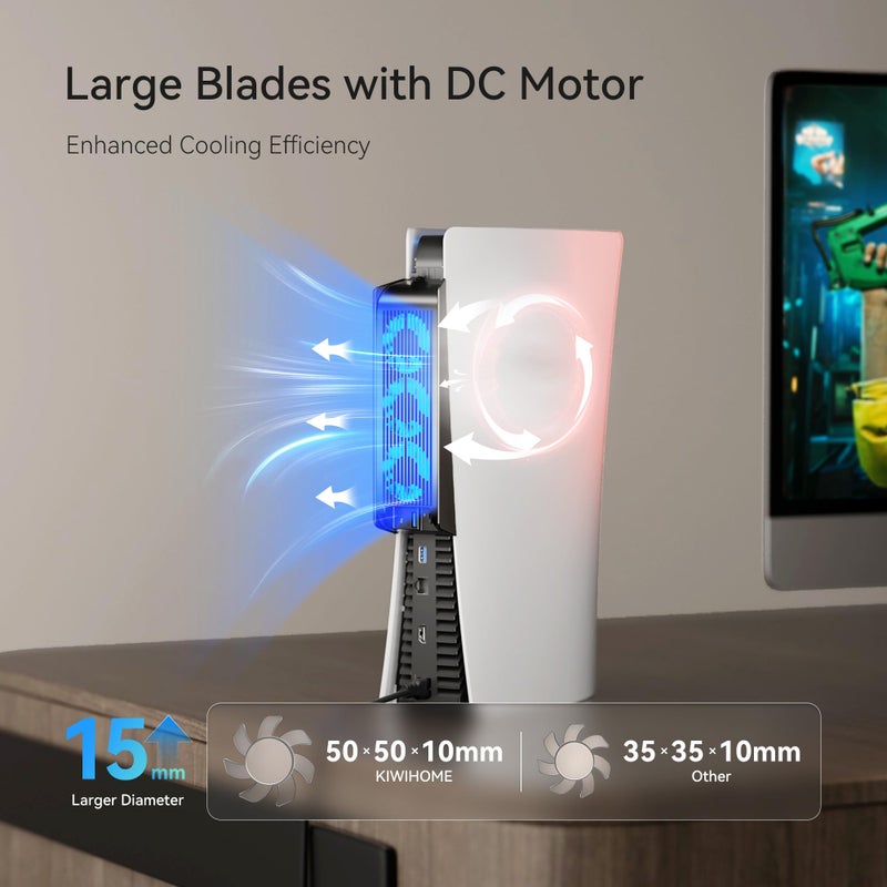 KIWIHOME Cooling Fan for PS5 Accessories, Upgraded Quiet Cooler Fan with LED and USB3.0 Hubs, Efficient Horizontal Cooling System for PS5 Disc and Digital Edition, Not for PS5 Slim (Black) - Image 2