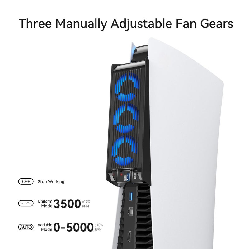 KIWIHOME Cooling Fan for PS5 Accessories, Upgraded Quiet Cooler Fan with LED and USB3.0 Hubs, Efficient Horizontal Cooling System for PS5 Disc and Digital Edition, Not for PS5 Slim (Black) - Image 4