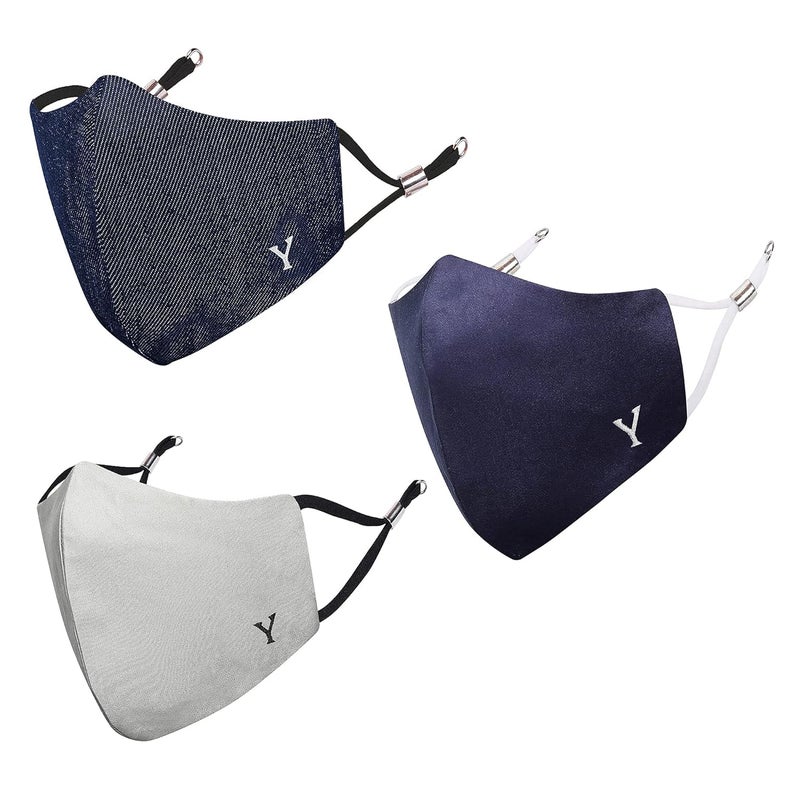 MASQ Alphabet 4 Layer, Reusable, Breathable, Anti-Bacterial (BFE>99%) Embroidered 100% Pure Cotton Cloth Face Mask Combo with Ear Adjusters for Unisex, Men, Women (Navy-Grey-Denim) - Image 1