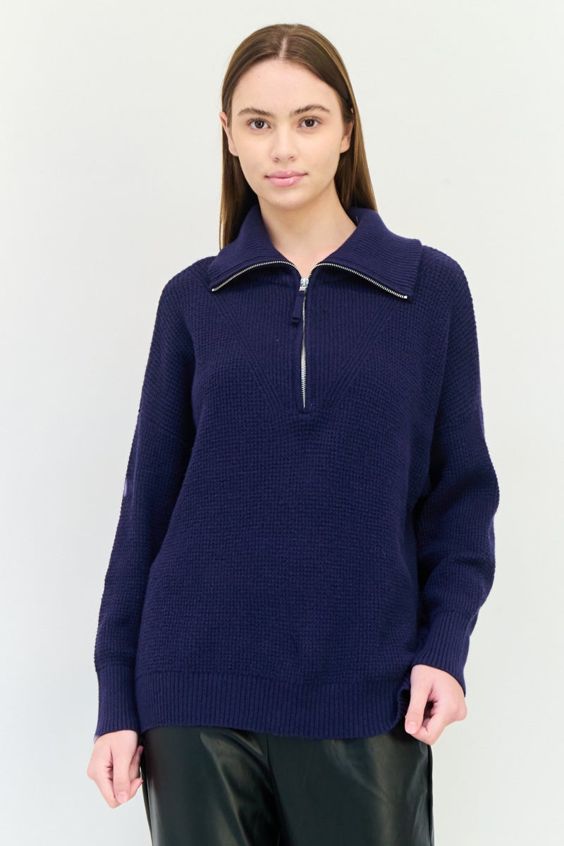 Aerie Women Turtle Neck Textured Sweaters, Navy - Image 1