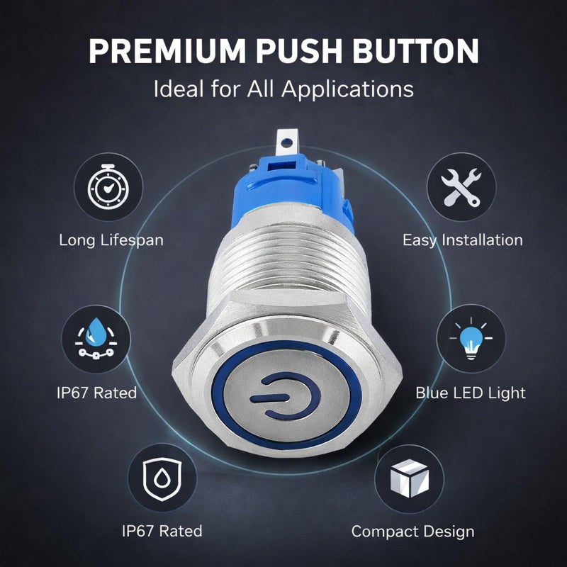 رمز طاقة LED الأزرق زر ضغط مفتاح 16 مم مقاوم للماء IP67 من الفولاذ المقاوم للصدأ 220 فولت - Image 5