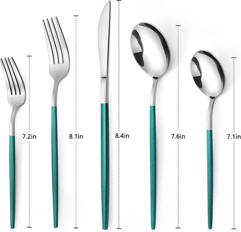 VANVRO Mirror Silver Green Silverware Set 20Piece Stainless Steel Flatware Set Satin Finish tableware Cutlery Set Service for 4 Home and Restaurant Dishwasher Safe  - Image 2