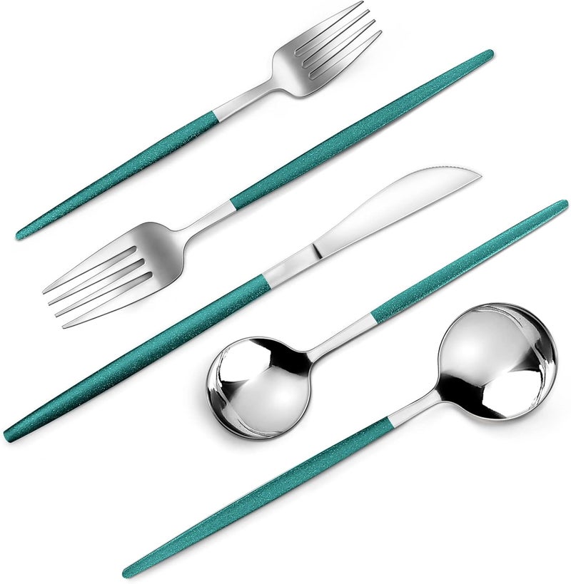 VANVRO Mirror Silver Green Silverware Set 20Piece Stainless Steel Flatware Set Satin Finish tableware Cutlery Set Service for 4 Home and Restaurant Dishwasher Safe  - Image 1