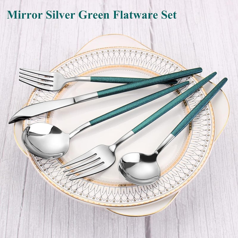VANVRO Mirror Silver Green Silverware Set 20Piece Stainless Steel Flatware Set Satin Finish tableware Cutlery Set Service for 4 Home and Restaurant Dishwasher Safe  - Image 3