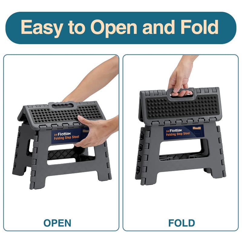Flottian 16" Folding Step Stool for Adults and Kids Holds Up to 300 lbs,Non-Slip Folding Stools with Handle, Compact Plastic Foldable Step Stool for Bathroom,Bedroom, Kitchen, Gray,1PC - Image 3