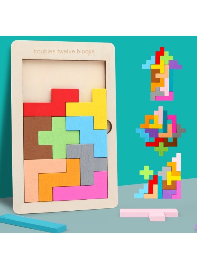 Wooden Early Education Building Block Puzzle - Tetris-style Educational Toy