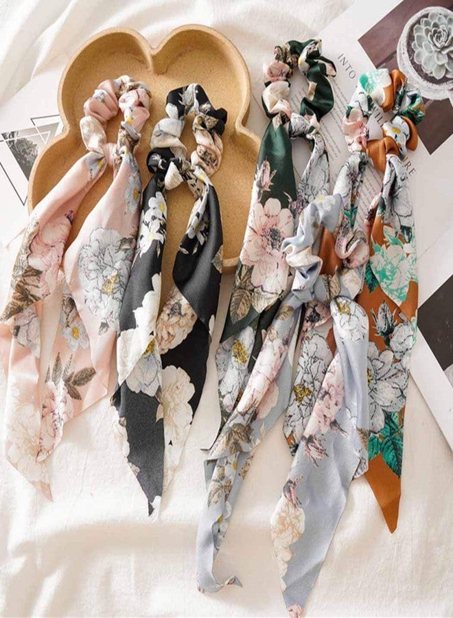 Outyua Bow Detachable Hair Scarf Scrunchies Flower Chiffon Elastic Scrunchy Hair Ties Satin Ponytail Bowknot Scrunchies Vintage Hair Accessories for Women 5 Pcs - Image 2