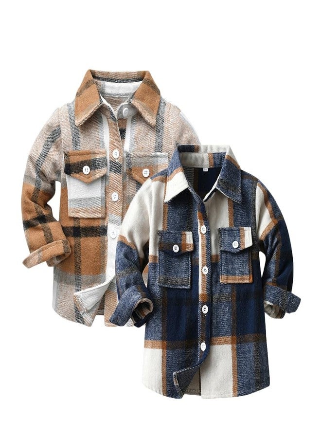 Feidoog Toddler 2 Pack Baby Boys and Girls Plaid Shirts Jacket Long Sleeve Lapel Button Down Shirt Top Outwear Clothes,Dark Blue+Brown,4-5T - Image 1