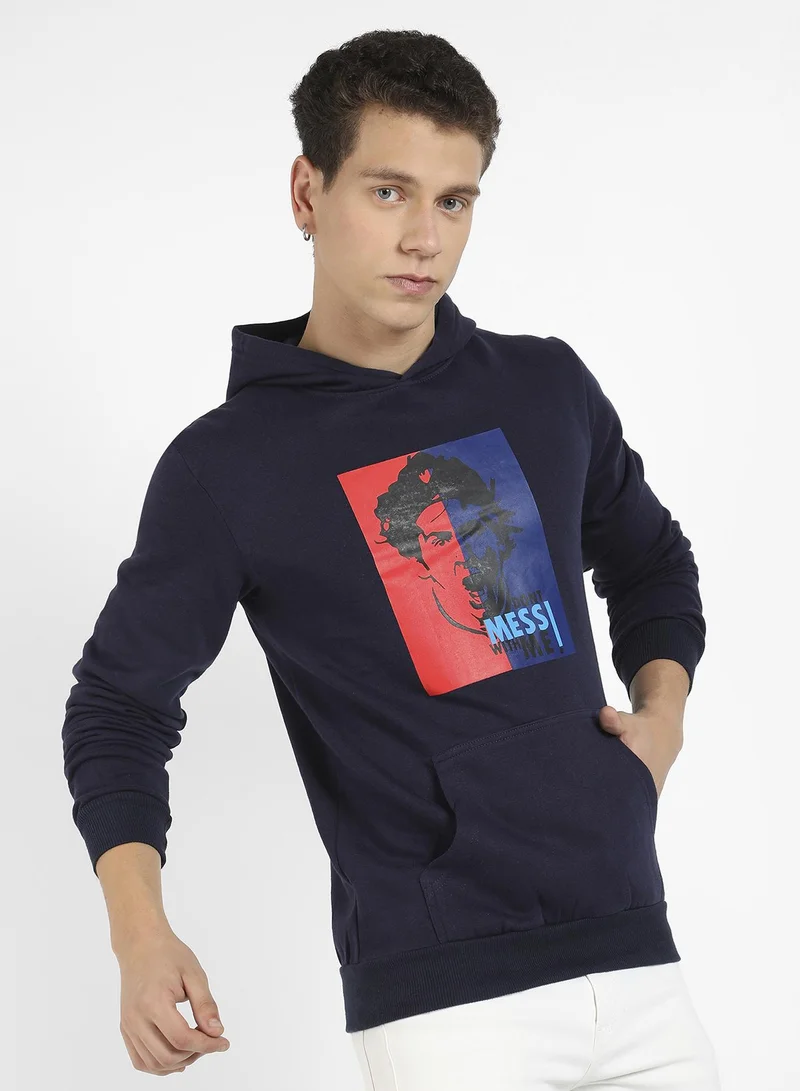 Campus Sutra Men's Midnight Blue Messi Print Pullover Hoodie