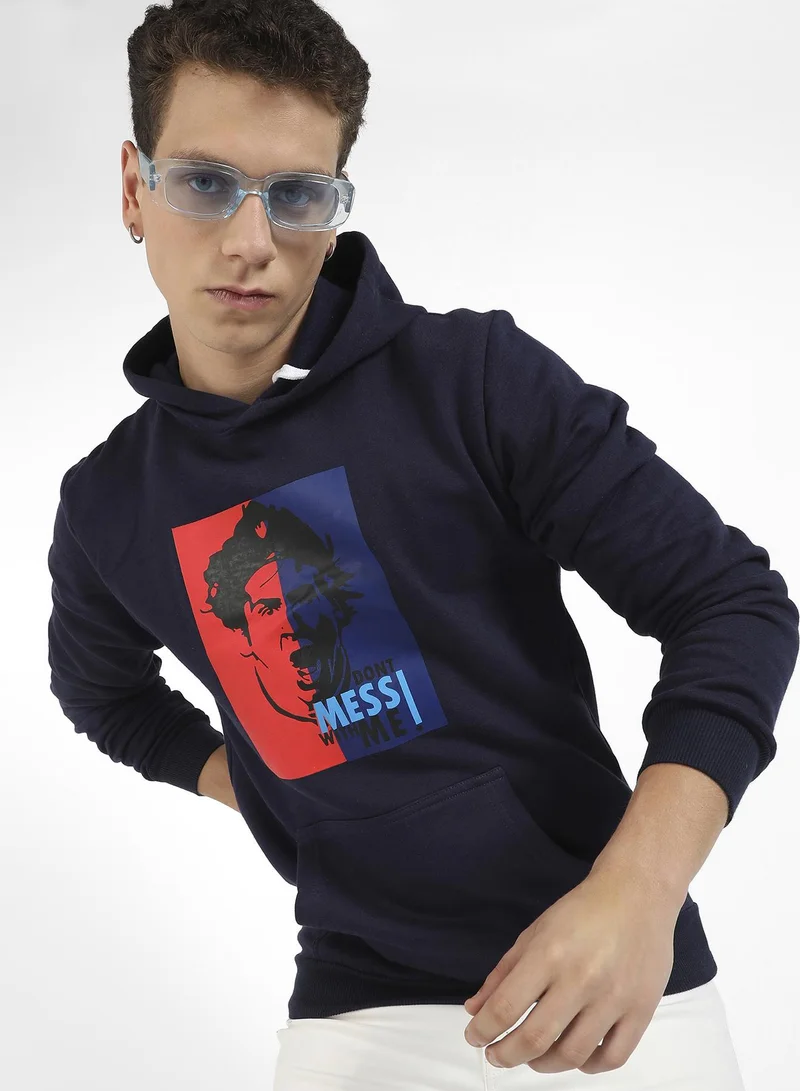 Campus Sutra Men's Midnight Blue Messi Print Pullover Hoodie