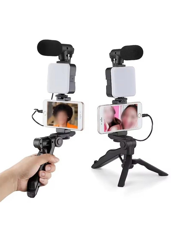 LED Fill Light Cell Phone Tripod Kit With Mic Mobile Phone Live Streaming Handheld Mini Portable Photography Live Fill Light,Smartphone Mini Microphone LED Kit Tripod Stand With Type-C+Lightning audio adapter cable