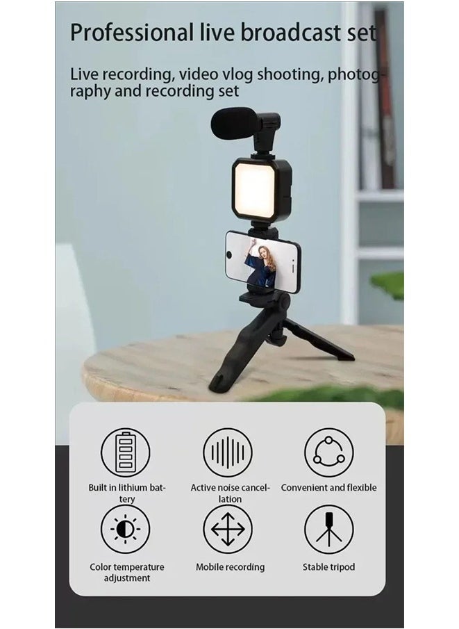 LED Fill Light Cell Phone Tripod Kit With Mic Mobile Phone Live Streaming Handheld Mini Portable Photography Live Fill Light,Smartphone Mini Microphone LED Kit Tripod Stand With Type-C+Lightning audio adapter cable