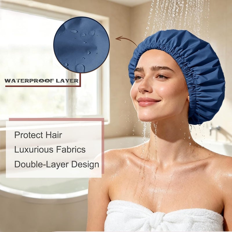 Amamba Shower Cap,100% Real Satin Lined Shower Cap,Extra Large Shower Cap for Women Reusable Waterproof,Adjustable Size&Long Hair Bath Caps - Image 3