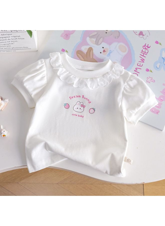 Baby Girl Short-sleeved T-shirt  New Summer Casual Inner Top With Lace Round Neck Versatile Girls' Base Shirt