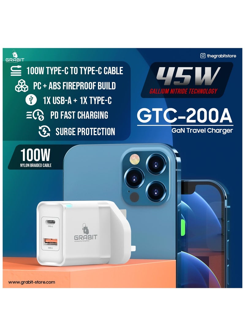 GRABIT - Wall Charger 45W PD Dual USB GaN Charger Fast & Compact Charge multiple devices with 45W Power Delivery (PD) and dual USB ports. GaN technology ensures efficient, compact, and travel-friendly charging. Compatible with iPhone, Samsung, OnePlus, Xiaomi, Huawei, Google Pixel, iPads, MacBooks, and more. Perfect for home, office, and travel. - Image 1