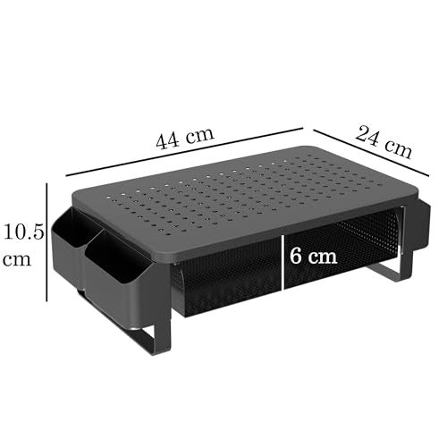 Krevia Metal Adjustable Monitor Stand with Sliding Drawer and Side Compartment | Sturdy, Stable & Non-slip Laptop Stand | Ventilated Desk Organizer Computer Stand for Laptop, Desktop, Printer & TV - Image 2