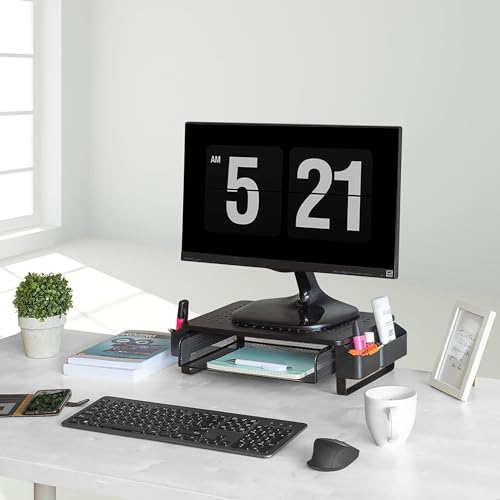 Krevia Metal Adjustable Monitor Stand with Sliding Drawer and Side Compartment | Sturdy, Stable & Non-slip Laptop Stand | Ventilated Desk Organizer Computer Stand for Laptop, Desktop, Printer & TV - Image 3