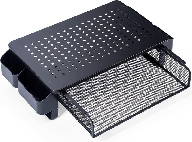 Krevia Metal Adjustable Monitor Stand with Sliding Drawer and Side Compartment | Sturdy, Stable & Non-slip Laptop Stand | Ventilated Desk Organizer Computer Stand for Laptop, Desktop, Printer & TV - Image 1