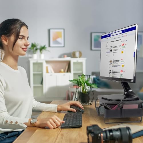 Krevia Metal Adjustable Monitor Stand with Sliding Drawer and Side Compartment | Sturdy, Stable & Non-slip Laptop Stand | Ventilated Desk Organizer Computer Stand for Laptop, Desktop, Printer & TV - Image 4