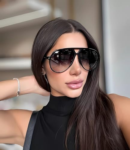 GUVIVI Retro Aviator Sunglasses for Women Men Oversized Classic 70s Vintage Trendy Tangle Free Square Aviators Black Sun Glasses - Image 2