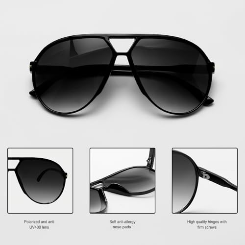 GUVIVI Retro Aviator Sunglasses for Women Men Oversized Classic 70s Vintage Trendy Tangle Free Square Aviators Black Sun Glasses - Image 4