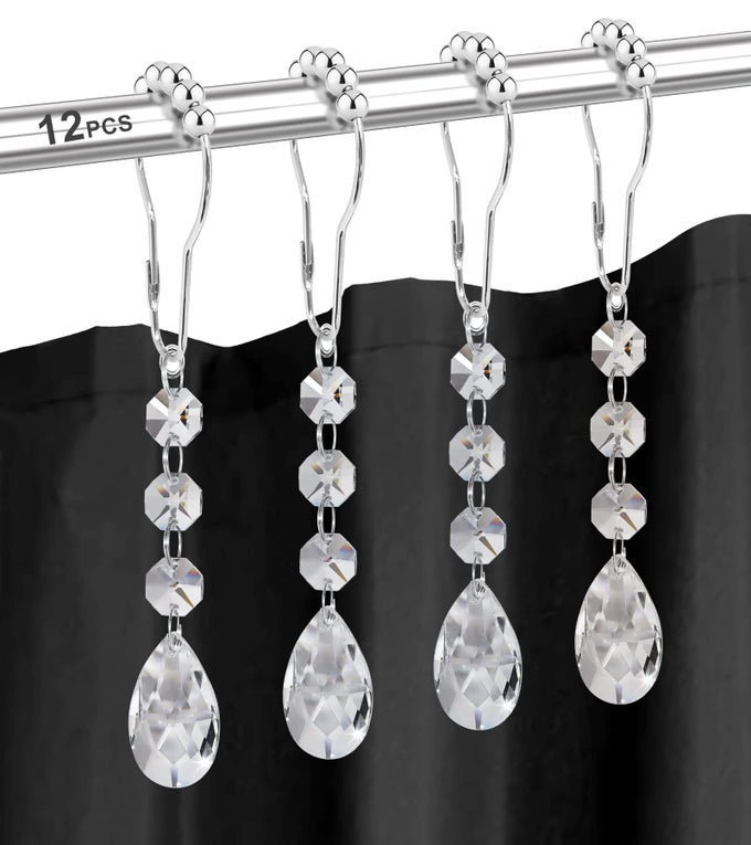 SHOWER CURTAIN HOOKS RINGS FOR BATHROOM 12PCS GEMSTONE CRYSTAL BEAD WATER DROP STAINLESS STEEL RUST RESISTANT CLEAR SHOWER CURTAIN RINGS CLEAR