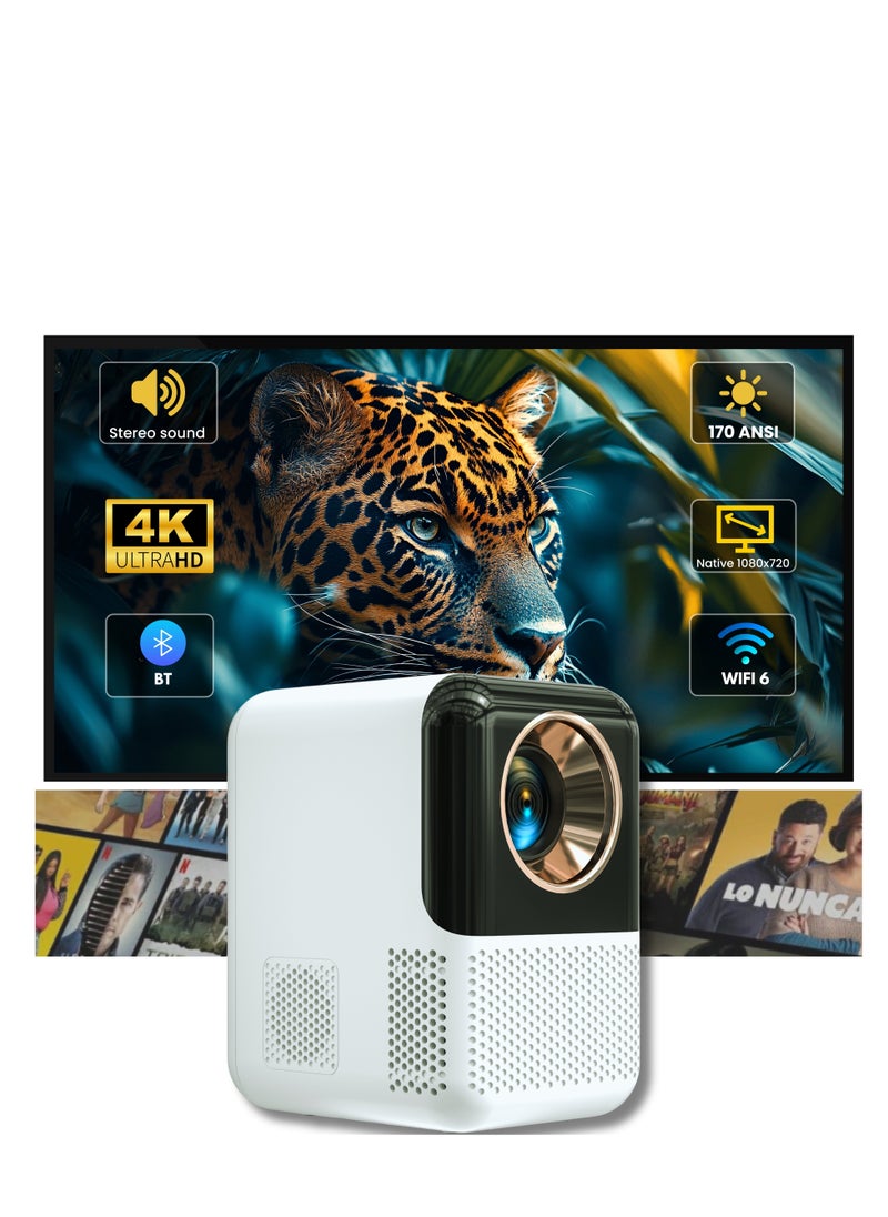 ABJ 【Android 11】Mini Projector 4K Home Cinema 170 ANSI (BT 5 & Wifi 6) - Auto Keystone & Electric Focus - Portable Indoor Movie Projector - Compatible with Android, IOS, TV, Tablets  - Image 1