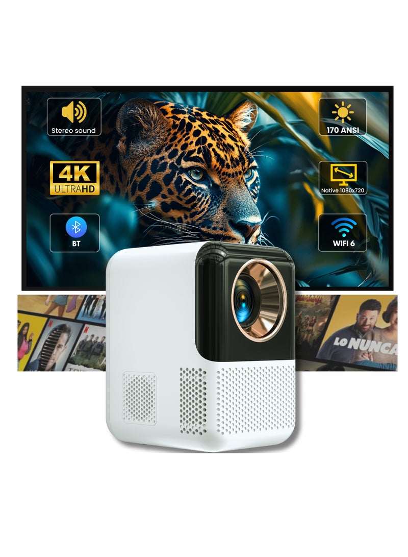 【Android 11】Mini Projector 4K Home Cinema 170 ANSI (BT 5 & Wifi 6) - Auto Keystone & Electric Focus - Portable Indoor Movie Projector - Compatible with Android, IOS, TV, Tablets - Image 1