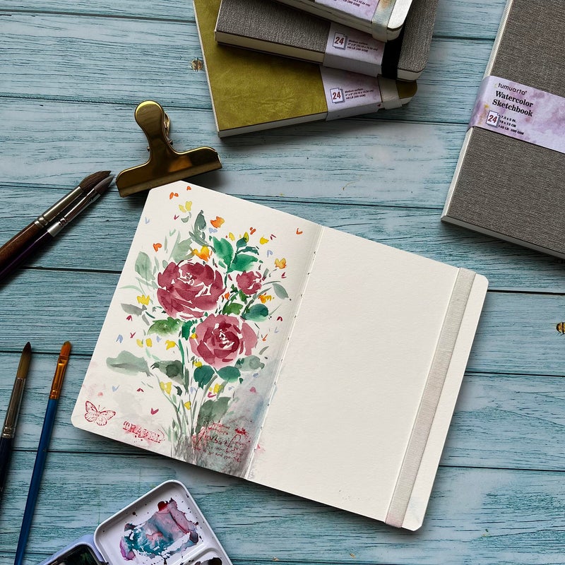 tumuarta Watercolor Sketchbook, 7.5x5, 140 LB, 300GSM, 100% Cotton Paper, Cold Press, 24 Sheets,48 Pages, Watercolor Journal for Use As Travel Sketch Book and Mixed Media Pad On The Go - Image 4