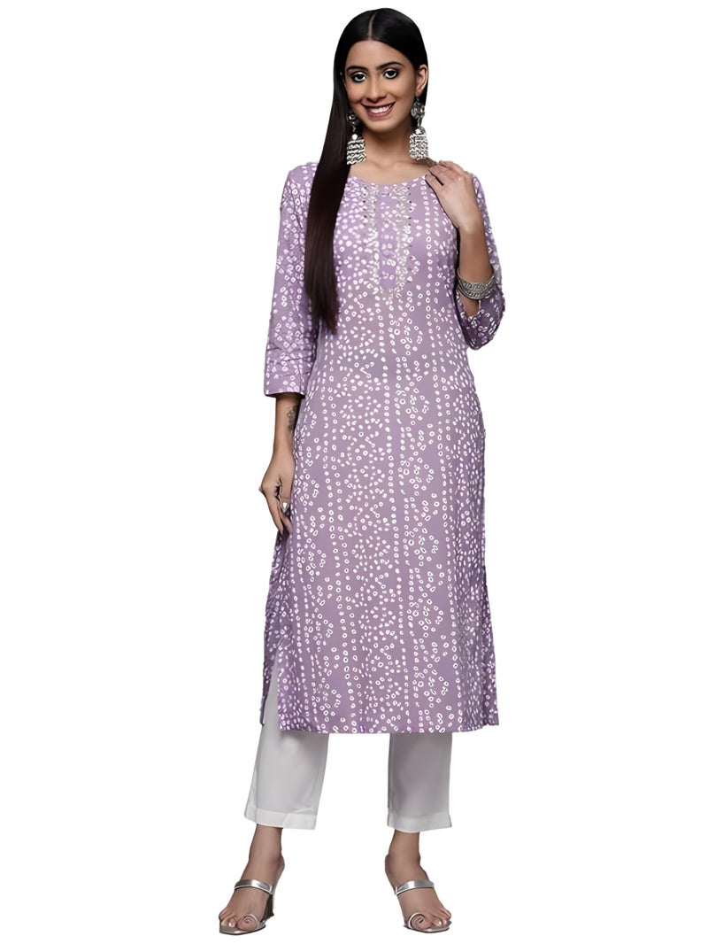 Varanga Lavender Bandhani Print Embroidered Kurta for Women, Round Neck, Traditional Ethnic Wear, Comfortable & Stylish for Casual & Festive Occasions (Double Extra Large) - Image 1