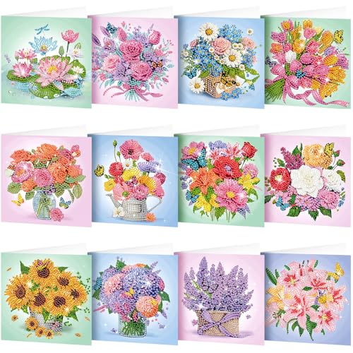 Saillong 12 Pack Flower Diamond Painting Greeting Card Kits DIY Pastel Flower Diamond Art Cards with Envelopes Floral 5d Rhinestones Paint Card for Adults DIY Craft Family Friend Birthday Xmas Gifts - Image 1