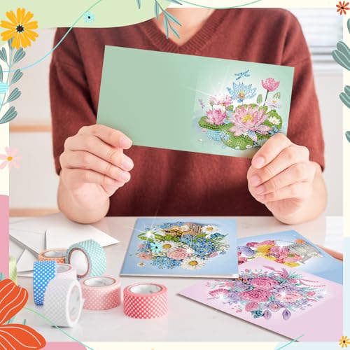 Saillong 12 Pack Flower Diamond Painting Greeting Card Kits DIY Pastel Flower Diamond Art Cards with Envelopes Floral 5d Rhinestones Paint Card for Adults DIY Craft Family Friend Birthday Xmas Gifts - Image 3