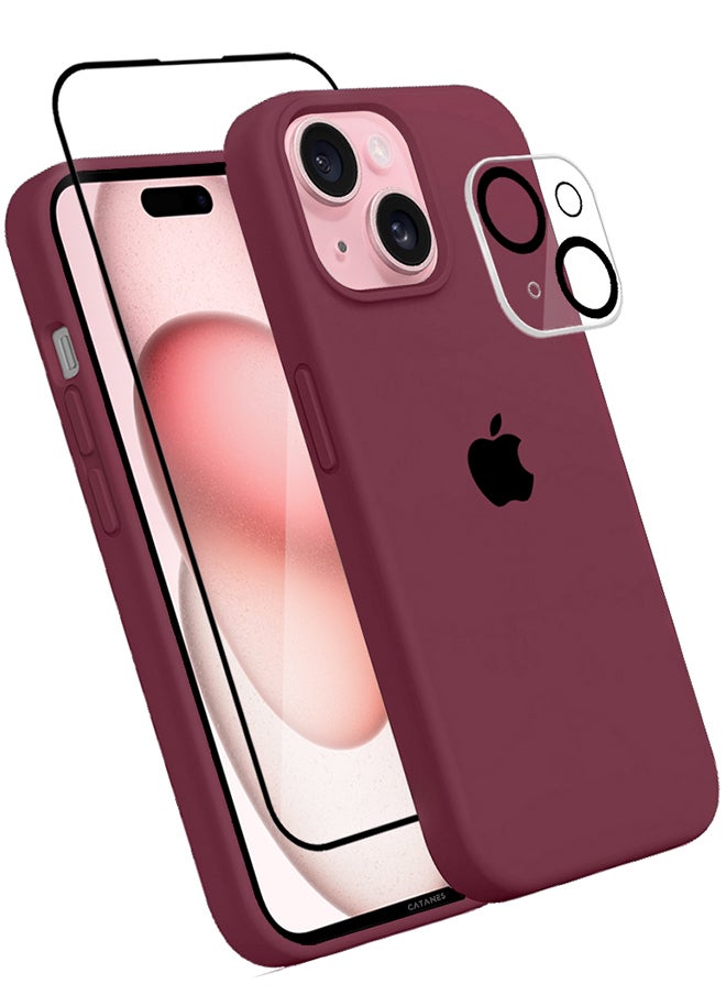 CATANES - 3 Packs For iPhone 15 Case Screen Protector and Camera Lens Protector Upgrade Defender Silicone Cover Shockproof Anti-Scratch Protective Phone Case Dark Red - Image 1