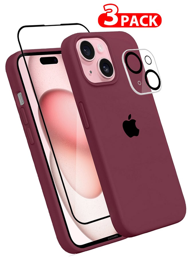 CATANES - 3 Packs For iPhone 15 Case Screen Protector and Camera Lens Protector Upgrade Defender Silicone Cover Shockproof Anti-Scratch Protective Phone Case Dark Red - Image 1
